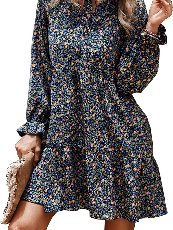 Dresses & Skirts - Floral Long Sleeve Mini Dress in Navy Blue